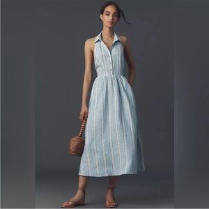 Reformation Tace Blue Striped linen midi shirt dress with open back NWT